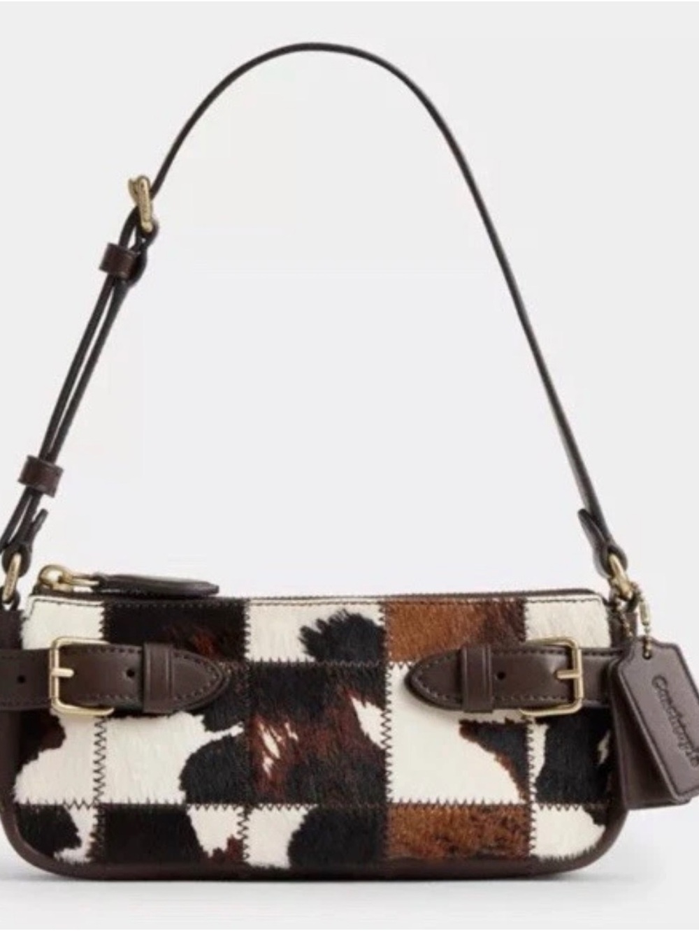 Coach Patchwork Cowhide Shoulder Bag in Brown, Black & White